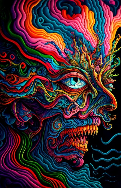 Een schilderij van een gezicht met de woorden 'psychedelic' erop