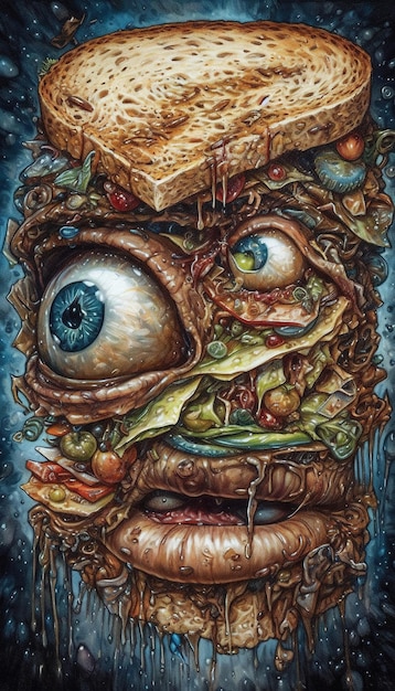 Een schilderij van een gezicht met een groot oog en een groot oog en een groot stuk kaas erop.