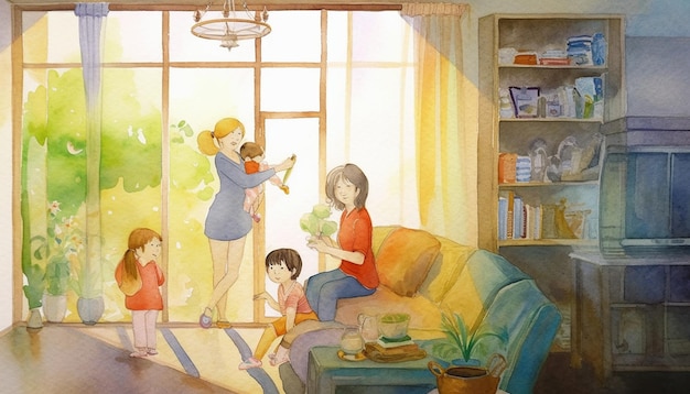 een schilderij van een gezin in een woonkamer met een boekenplank en boekenplank.