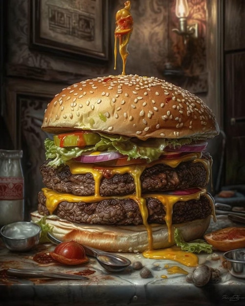 Een schilderij van een gigantische hamburger met een fles ketchup erop.