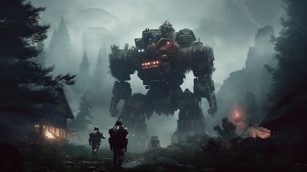 Een schilderij van een gigantische robot met het woord oorlog erop
