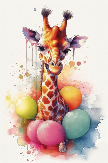 Een schilderij van een giraf met ballonnen erop