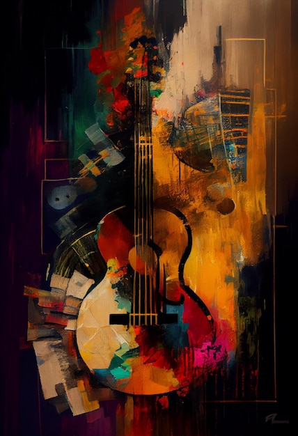 Een schilderij van een gitaar met het woord muziek erop