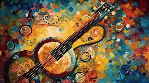Een schilderij van een gitaar met wervelingen en wervelingen.