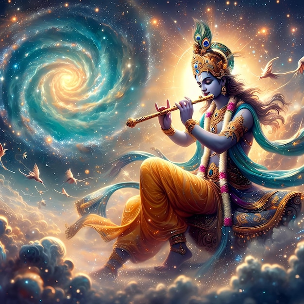 Foto een schilderij van een god krishna met een spiraal en het woord godheid erop