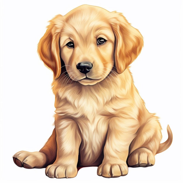 Een schilderij van een golden retriever pup zittend op een witte achtergrond.