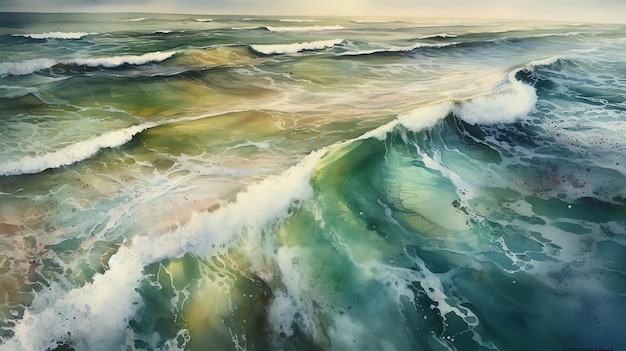 Een schilderij van een golf met het woord oceaan erop