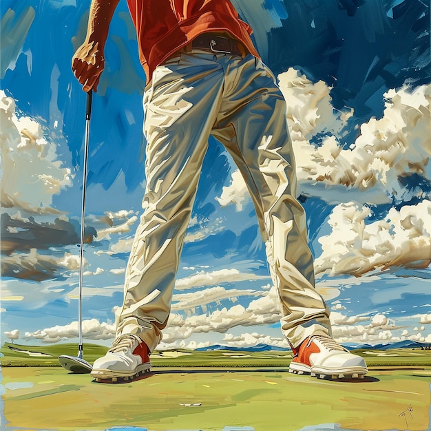 Foto een schilderij van een golfclub met een man die een rood overhemd en een rood shirt draagt