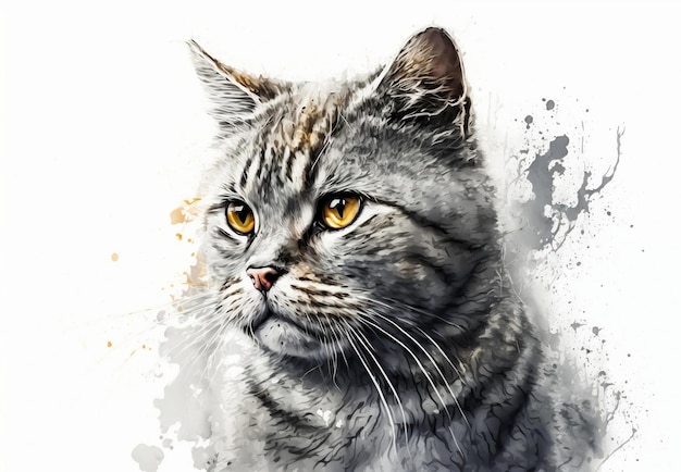 Een schilderij van een grijze kat met gele ogen
