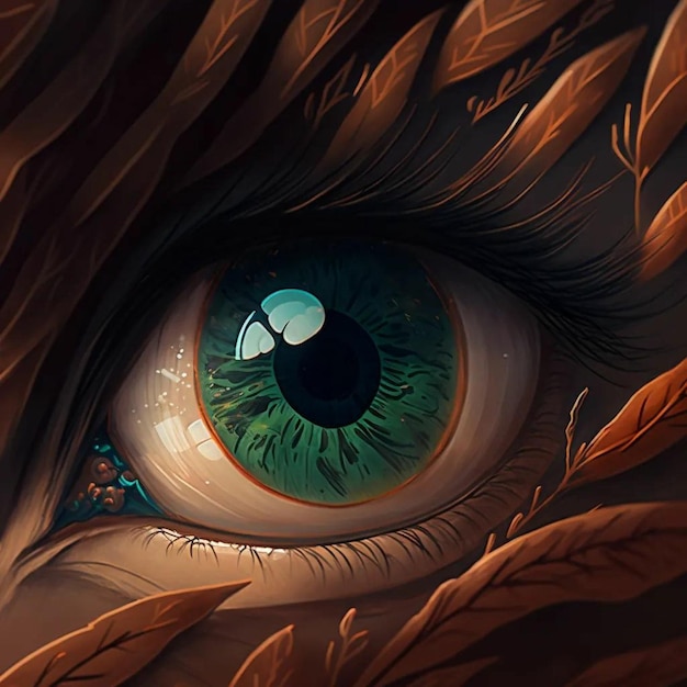 Een schilderij van een groen oog met het woord draak erop.