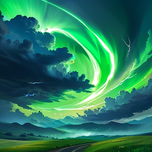 een schilderij van een groene en witte hemel met een groen licht