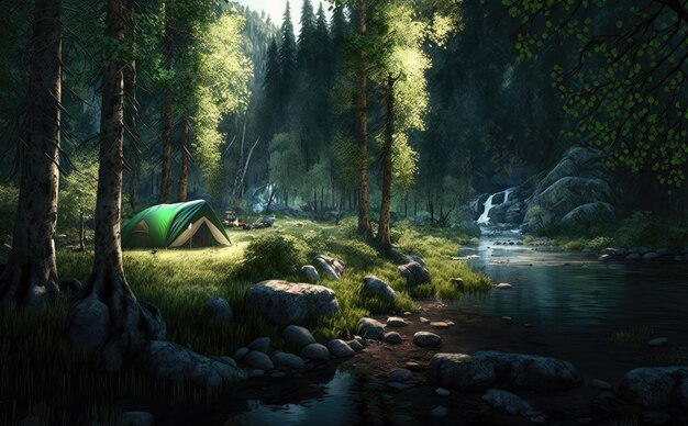 Foto een schilderij van een groene tent in een bos met een waterval op de achtergrond.