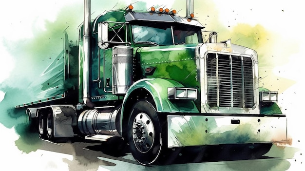 Een schilderij van een groene vrachtwagen met het woord peterbilt op de voorkant.