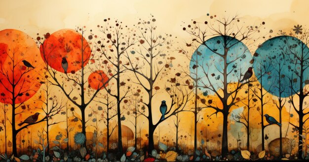 Een schilderij van een groep bomen met vogels erop ai
