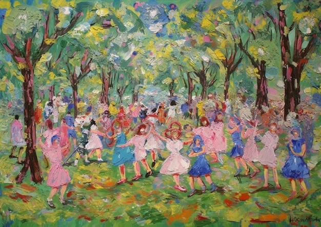 Een schilderij van een groep dansende kinderen in een park.