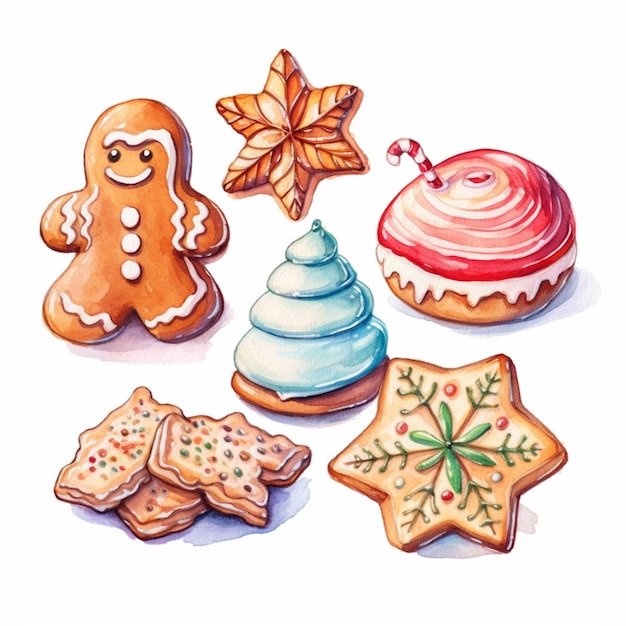 Een schilderij van een groep kerstkoekjes en koekjes generatieve ai