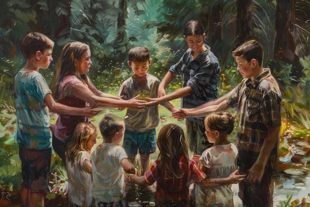 Een schilderij van een groep kinderen die elkaar de handen vasthouden