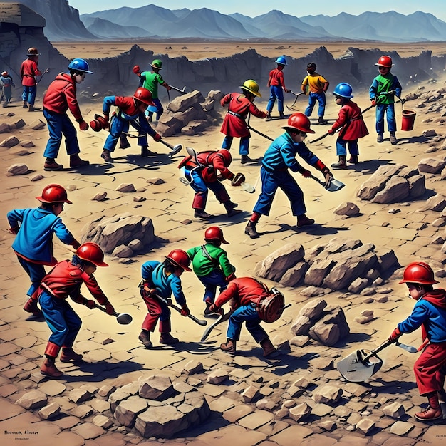 Een schilderij van een groep mannen aan het werk in een steengroeve Een symbolische foto van de dag van kinderarbeid