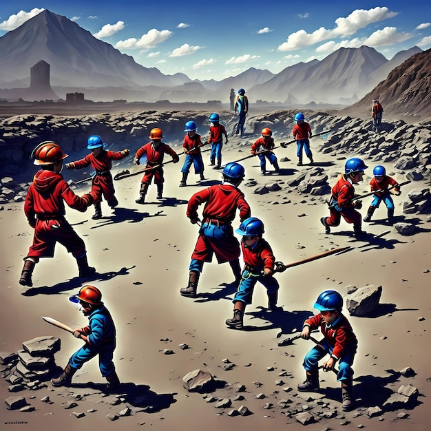 Een schilderij van een groep mannen met blauwe helmen en helmen Een symbolische foto van de dag van kinderarbeid