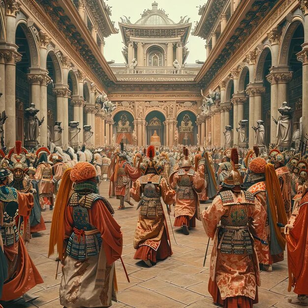 Foto een schilderij van een groep mensen gekleed in oosterse kleding