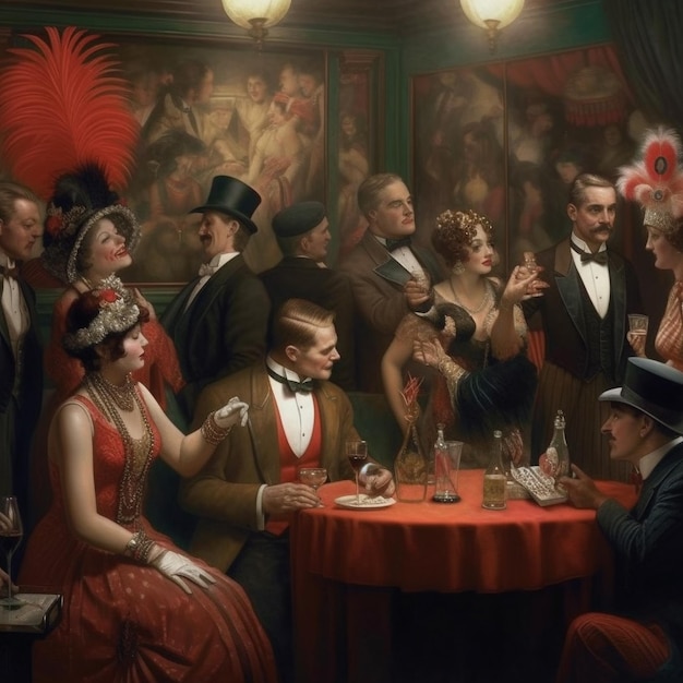 een schilderij van een groep mensen met een rood tafeldoek op de tafel