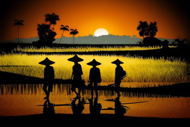 Een schilderij van een groep mensen voor een gouden zonsondergang.
