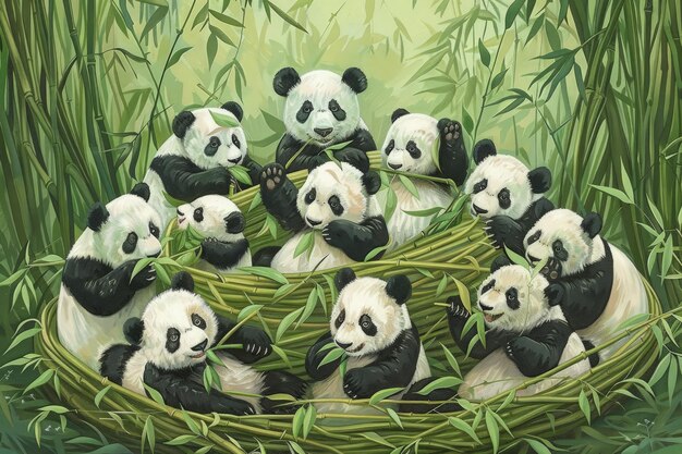 Foto een schilderij van een groep panda's in een bamboe mand