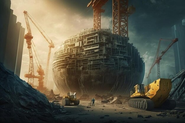 Een schilderij van een groot schip met een grote bulldozer erop.