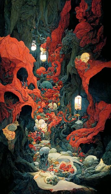 Een schilderij van een grot met een rode grot en een lamp in het midden.