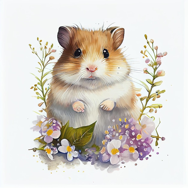 Een schilderij van een hamster met bloemen en bladeren.