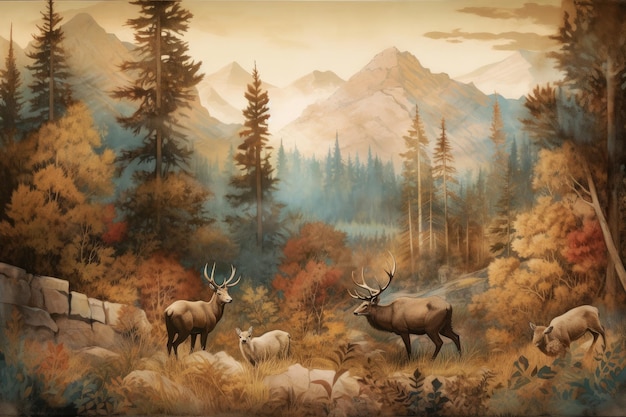 Een schilderij van een hert in een bos met bergen op de achtergrond.