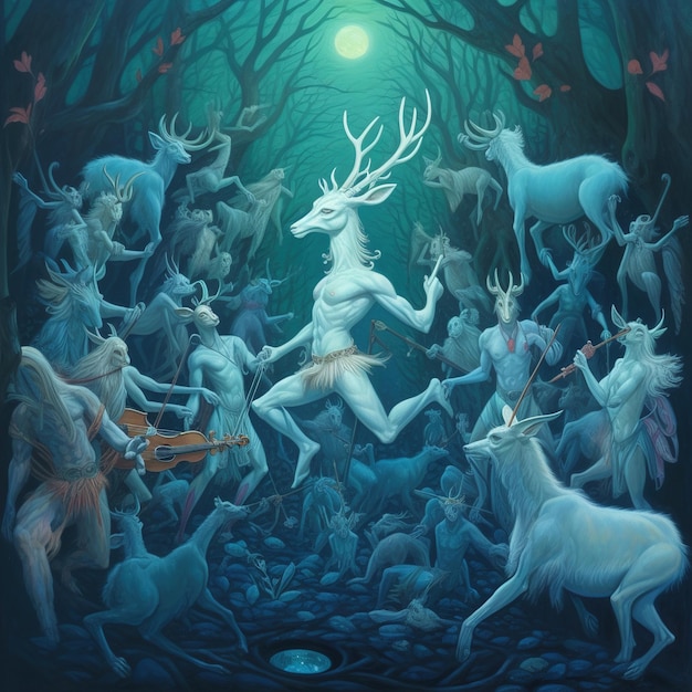 Een schilderij van een herten mythische wereld