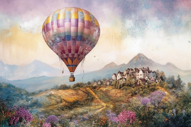 Een schilderij van een heteluchtballon die over een dorp vliegt.