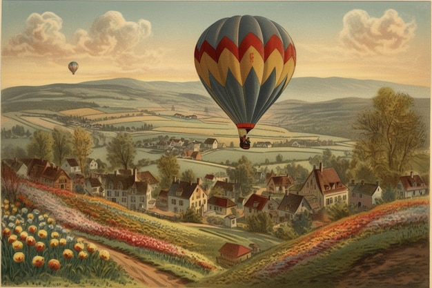 Een schilderij van een heteluchtballon die over een dorp vliegt.