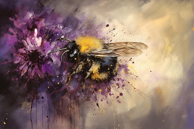 Een schilderij van een hommel met paarse bloemen erop