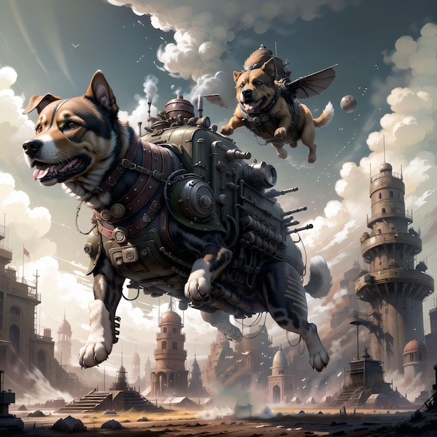 Een schilderij van een hond die in een stad vliegt met een gigantische vliegmachine.