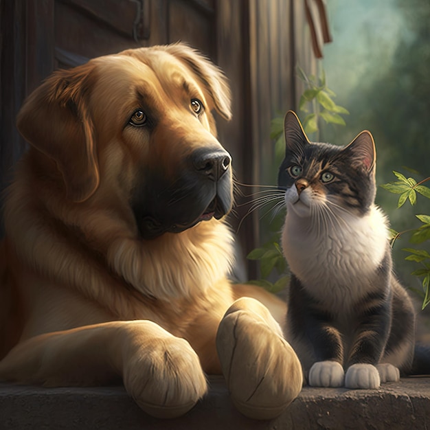 Een schilderij van een hond en een kat