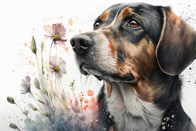 Een schilderij van een hond met bloemen en de woorden 'pet' erop