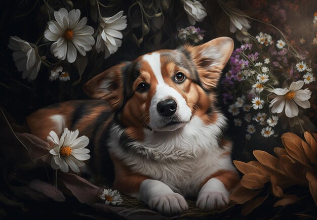 Foto een schilderij van een hond met bloemen op de achtergrond