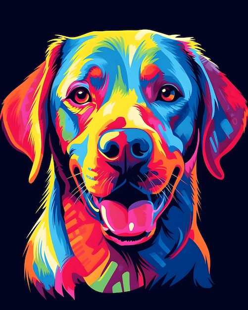 Een schilderij van een hond met een blauw en geel gezicht.