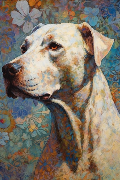 Een schilderij van een hond met een blauwe achtergrond en de woorden pitbull erop.