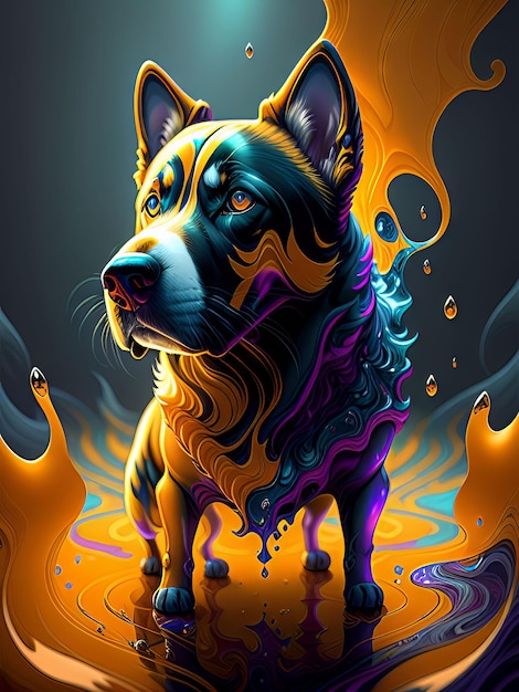 Een schilderij van een hond met een blauwe en oranje achtergrond.