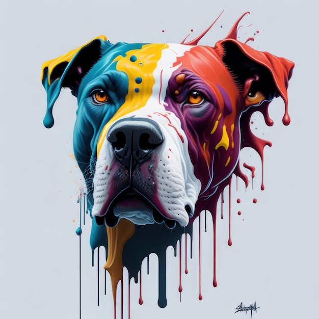 Een schilderij van een hond met een gekleurd gezicht en het woord bokser erop.