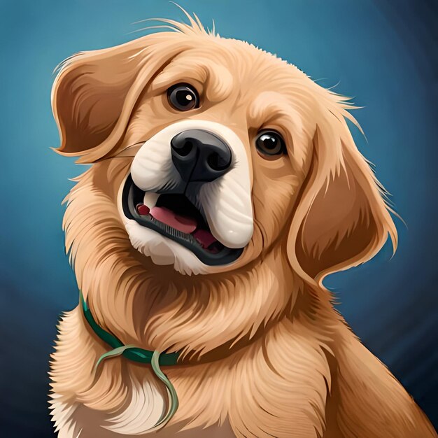 Een schilderij van een hond met een halsband waarop golden retriever staat.