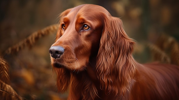 Een schilderij van een hond met een rode Ierse setter