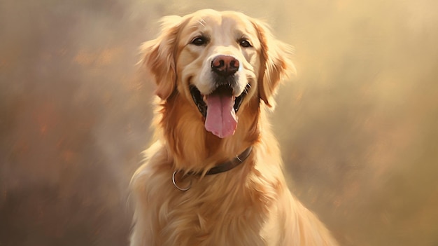 Een schilderij van een hond met een zwarte halsband waarop 'golden retriever' staat