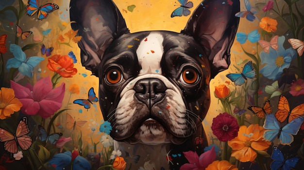 Een schilderij van een hond omringd door bloemen en vlinders