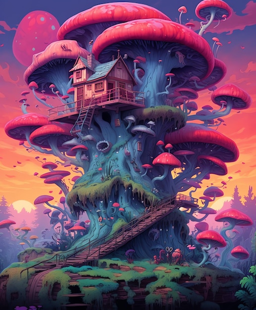 Foto een schilderij van een huis aan een boom met een huis erop.