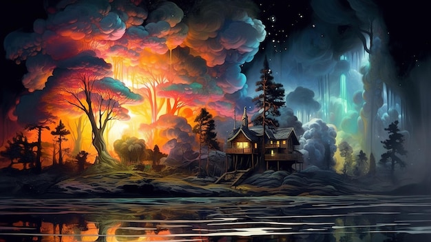 Een schilderij van een huis aan een meer met een bos en de lucht op de achtergrond