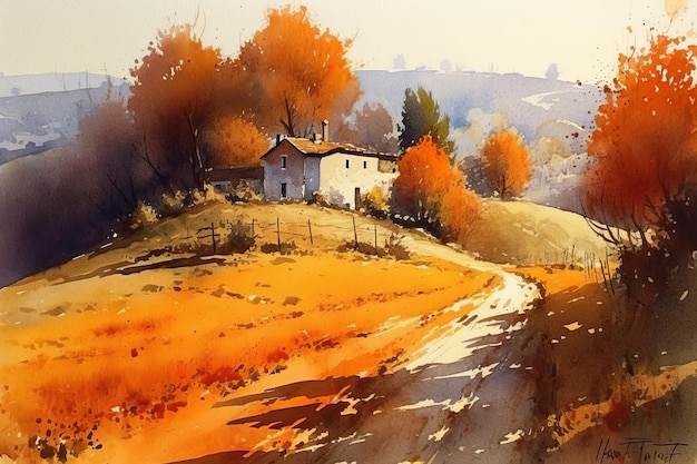 Een schilderij van een huis in de herfst